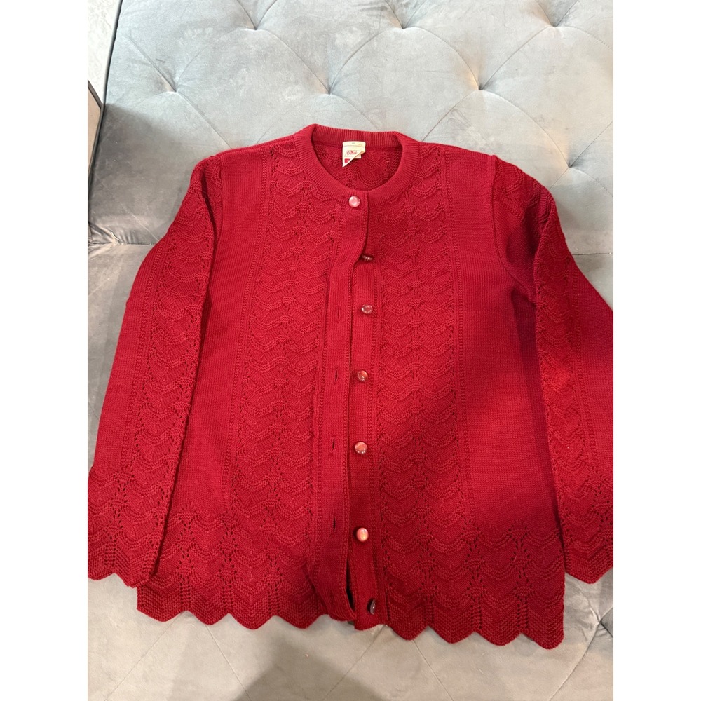 Vintage St Michael Red Pointelle Knit Scalloped Cardigan Sweater Size 16 Canada